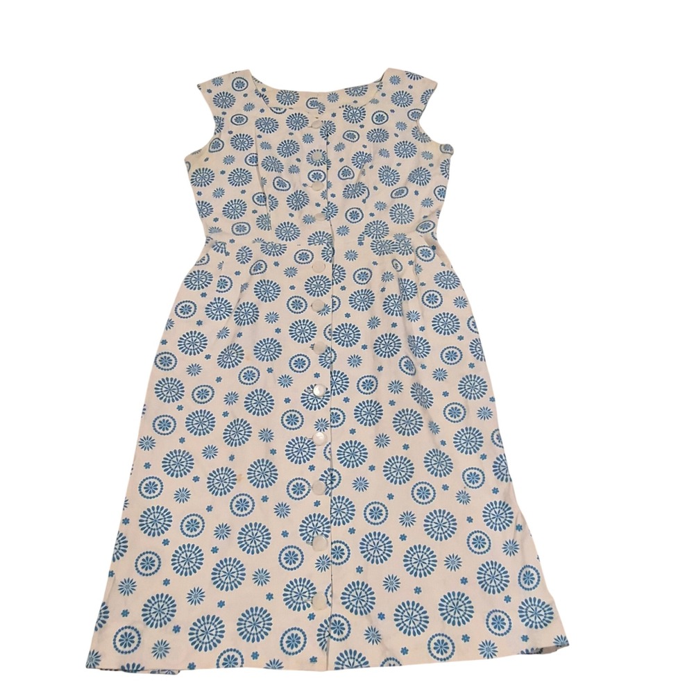 Vintage Dolly Myers Blue White Floral Medallion Button Front Midi Dress